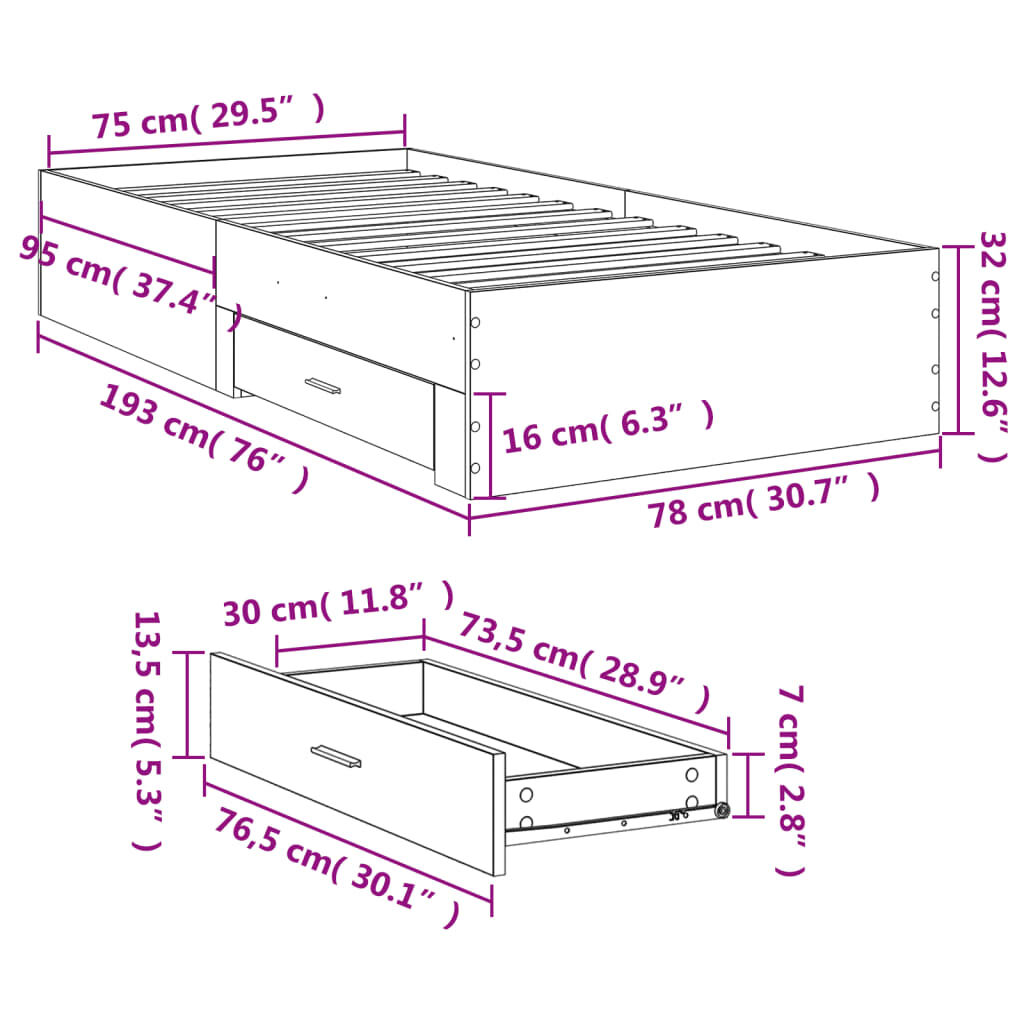 vidaXL Πλαίσιο Κρεβατιού με Συρτάρια Sonoma Δρυς 75x190 εκ. Επεξ. Ξύλο