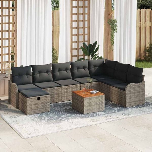 vidaXL Σετ Καναπέ Κήπου με μαξιλάρι 9 pcs Γκρι Πολυ ράταν