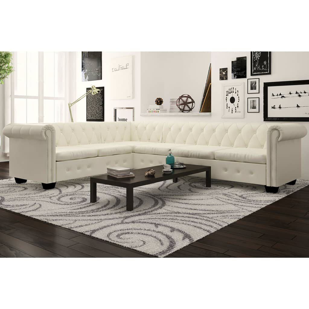 vidaXL Γωνιακός Καναπές Chesterfield 6 Θέσεων Λευκός από Συνθετικό Δέρμα