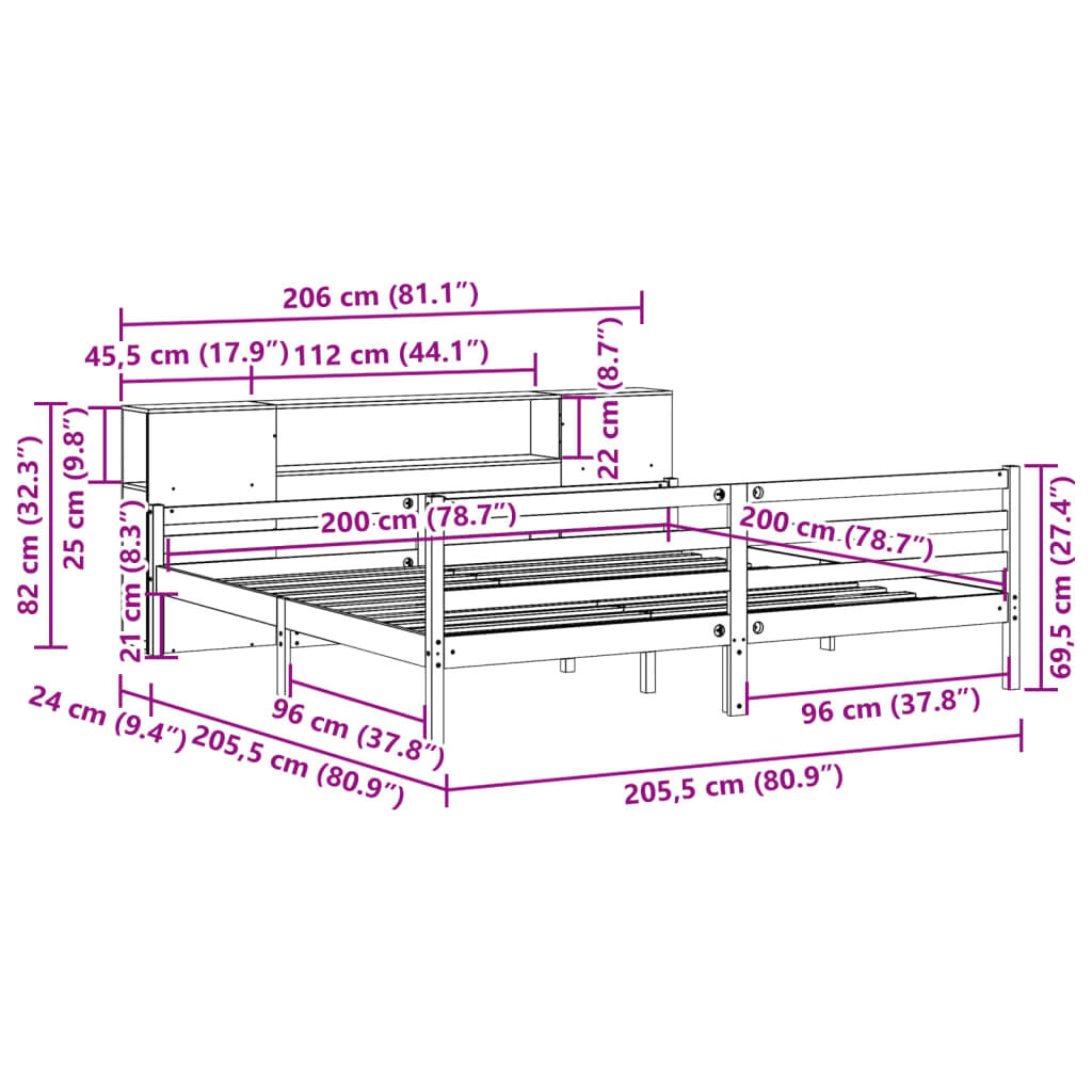 vidaXL Κρεβάτι Βιβλιοθήκη Χωρίς Στρώμα 200x200 εκ Μασίφ Ξύλο Πεύκου