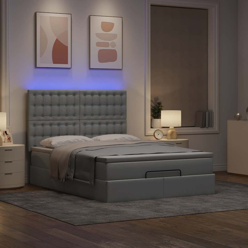 vidaXL Οθωμανικό κρεβάτι με στρώμα & LEDs Ανοιχτό γκρι ύφασμα