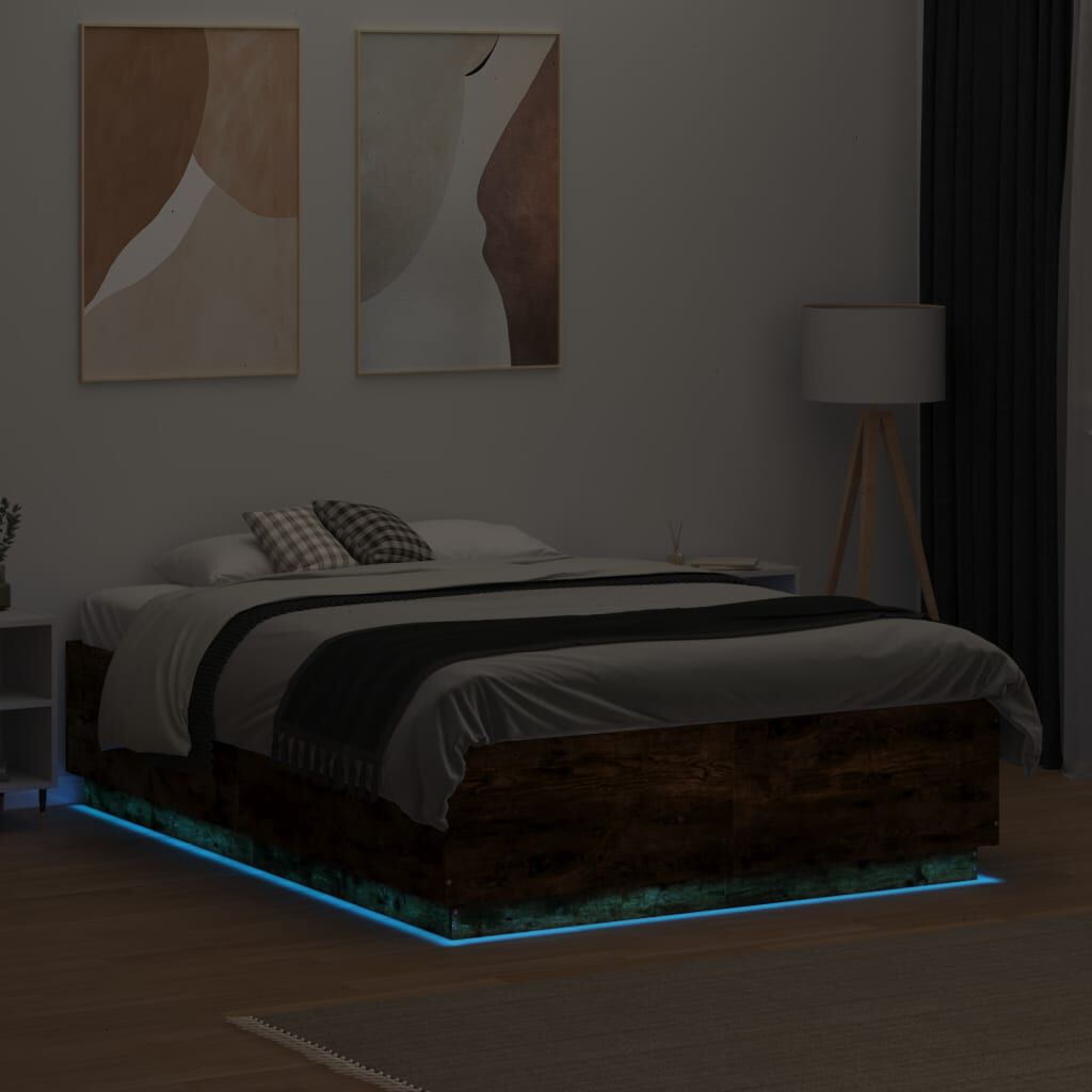vidaXL Πλαίσιο Κρεβατιού με LED Καπνιστή δρυς 140x190 εκ.Επεξ. Ξύλο