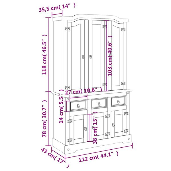vidaXL Βιτρίνα Corona Λευκή 112 x 43 x 196 εκ. από Μασίφ Ξύλο Πεύκου