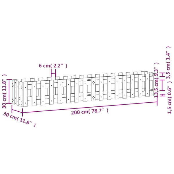 vidaXL Ζαρντινιέρα με Σχέδιο Φράχτη Μαύρη 200x30x30 εκ. Μασίφ Πεύκο