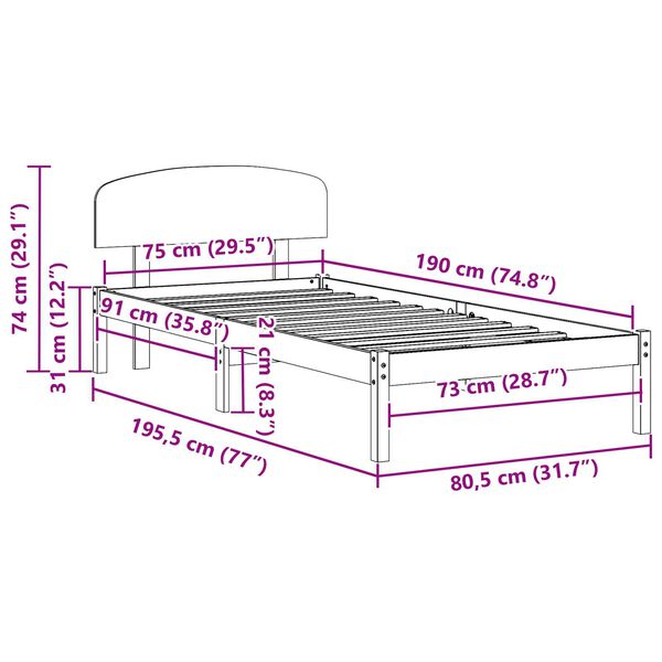 vidaXL Πλαίσιο Κρεβατιού με Ταμπώ 75x190 εκ Μασίφ Ξύλο Πεύκου