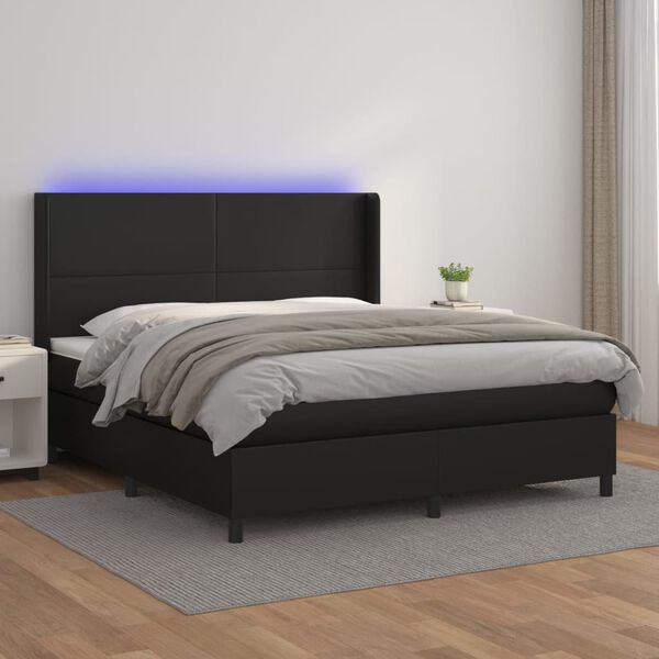 vidaXL Κρεβάτι Boxspring με Στρώμα & LED Μαύρο 180x200 εκ. Συνθ. Δέρμα