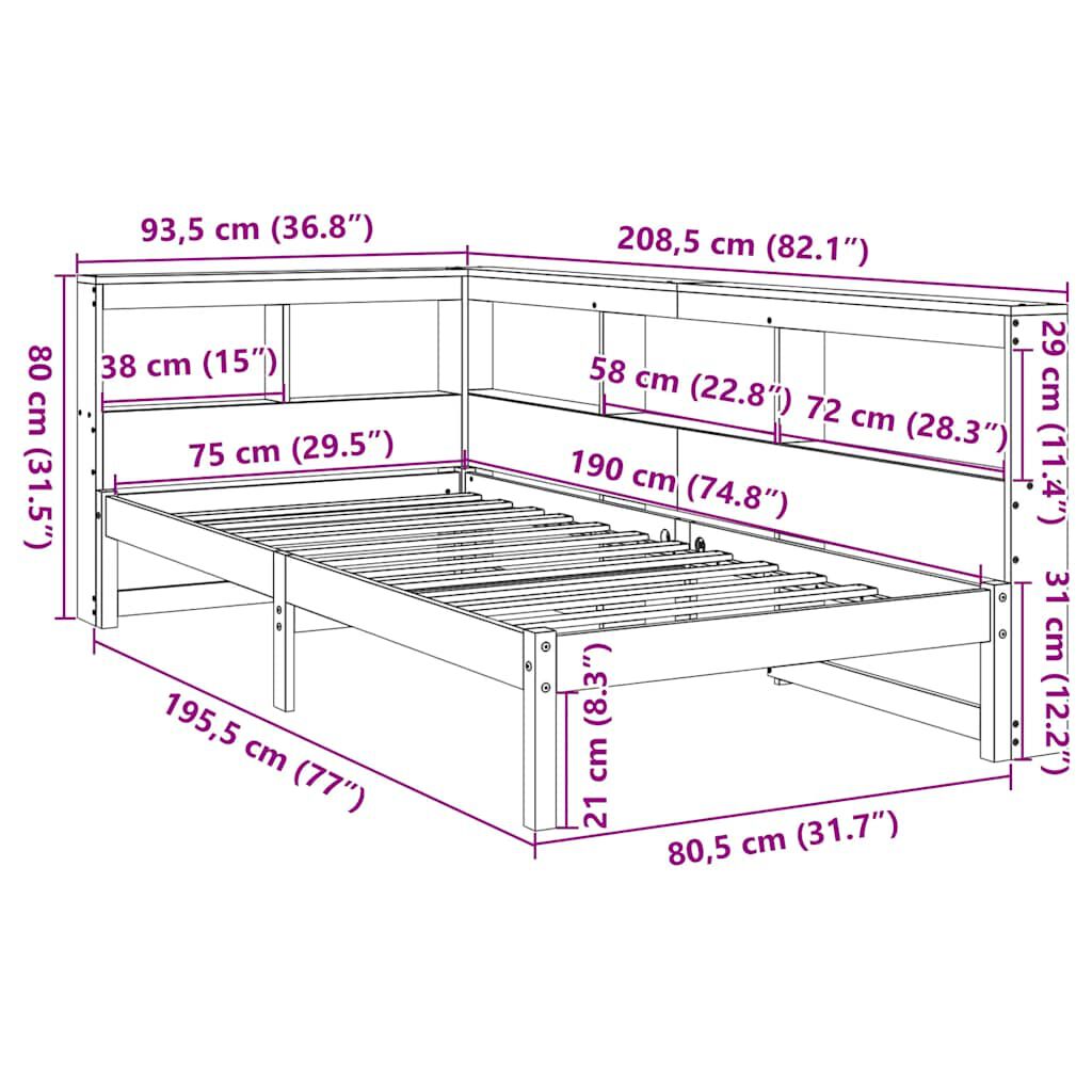 vidaXL Κρεβάτι Βιβλιοθήκη Χωρίς Στρώμα 75x190 εκ Μασίφ Ξύλο Πεύκου
