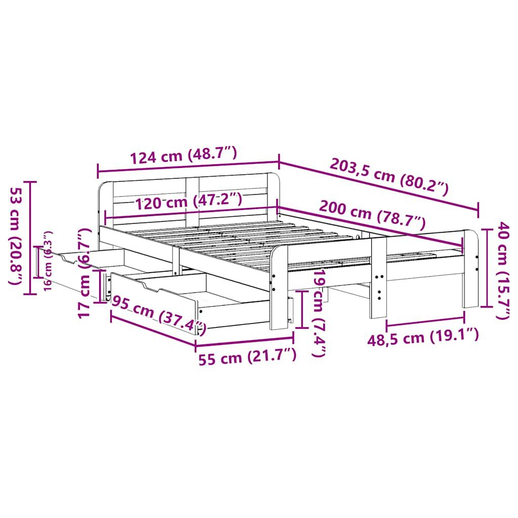 vidaXL Σκελετός Κρεβατιού Χωρίς Στρώμα 120x200 εκ Μασίφ Ξύλο Πεύκου