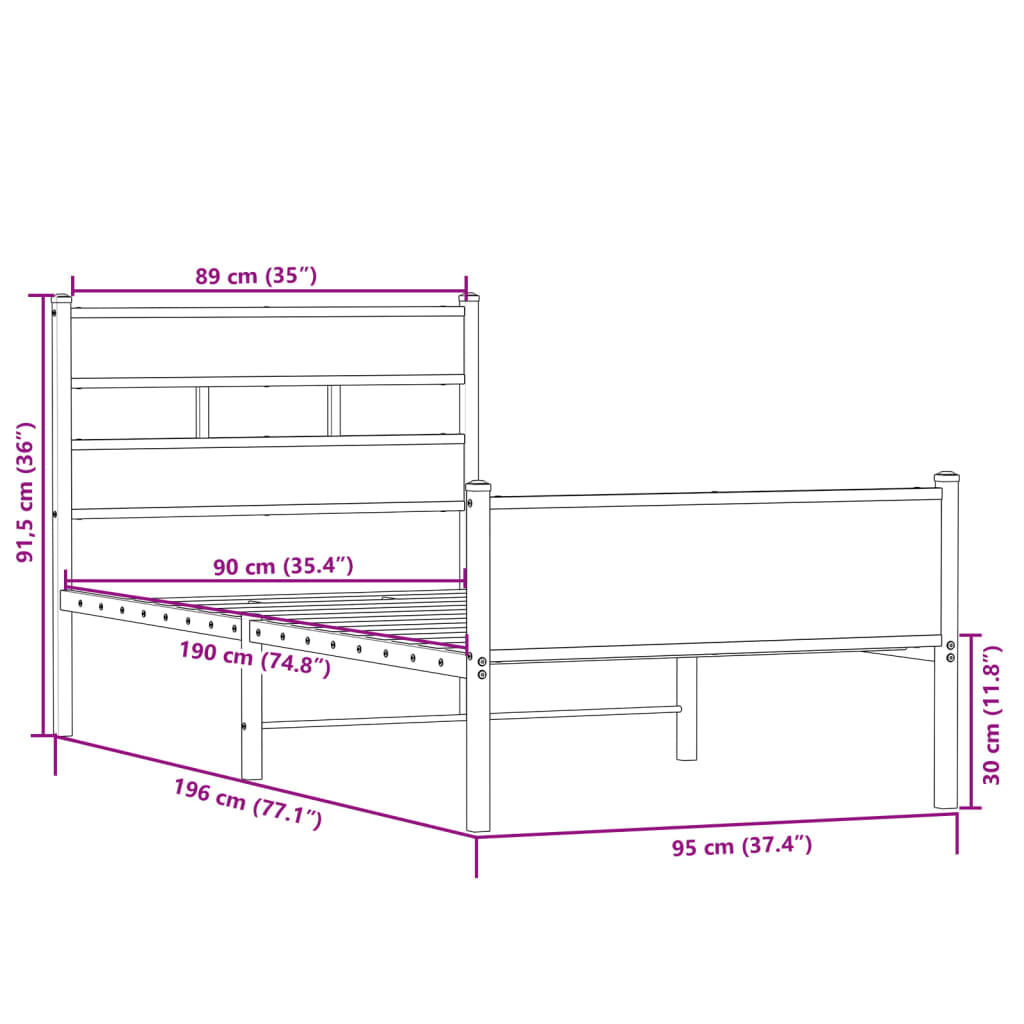 vidaXL Πλαίσιο Κρεβ. Χωρ. Στρώμα Sonoma Δρυς 90 x 190 εκ. Επεξ. Ξύλο