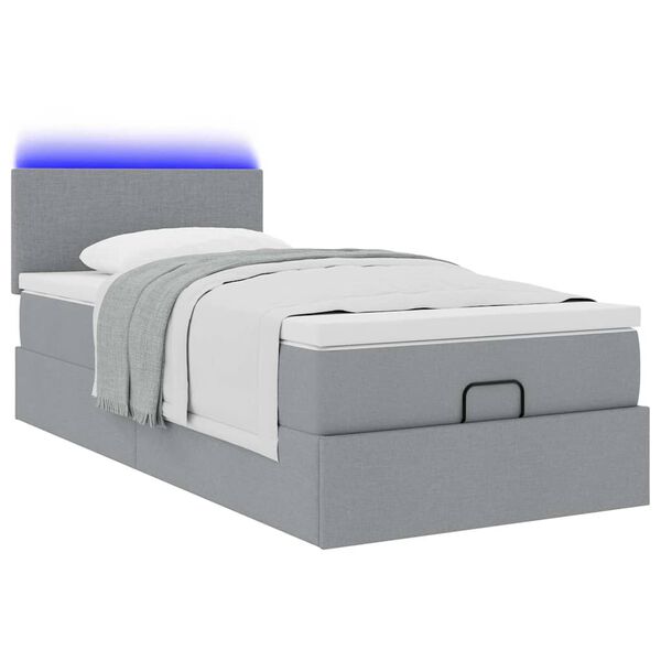 vidaXL Οθωμανικό κρεβάτι με στρώμα & LEDs Ανοιχτό γκρι Ύφασμα
