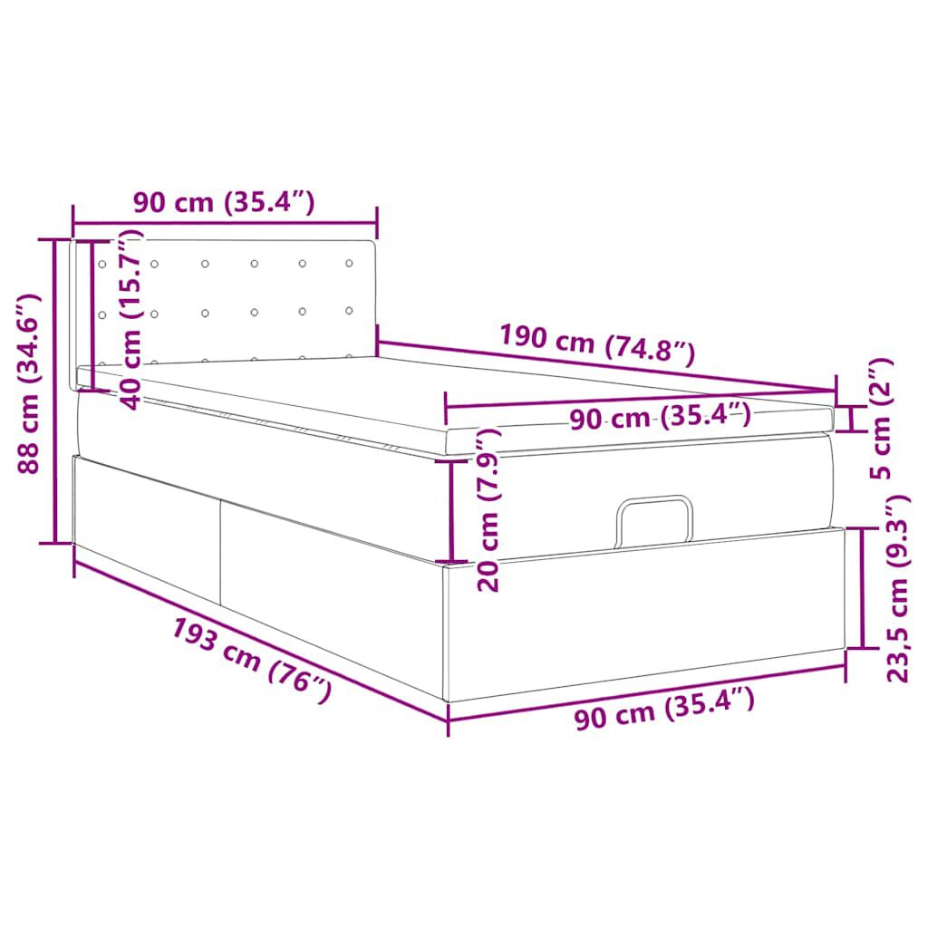 vidaXL Οθωμανικό κρεβάτι με στρώμα & LEDs Μαύρο 90x190cm Velvet