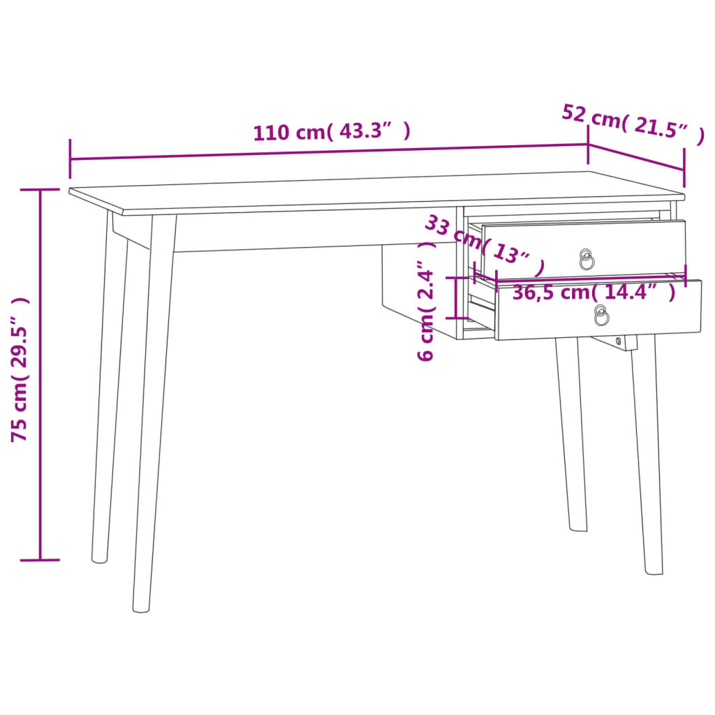 vidaXL Γραφείο με 2 Συρτάρια 110 x 52 x 75 εκ. από Μασίφ Ξύλο Teak