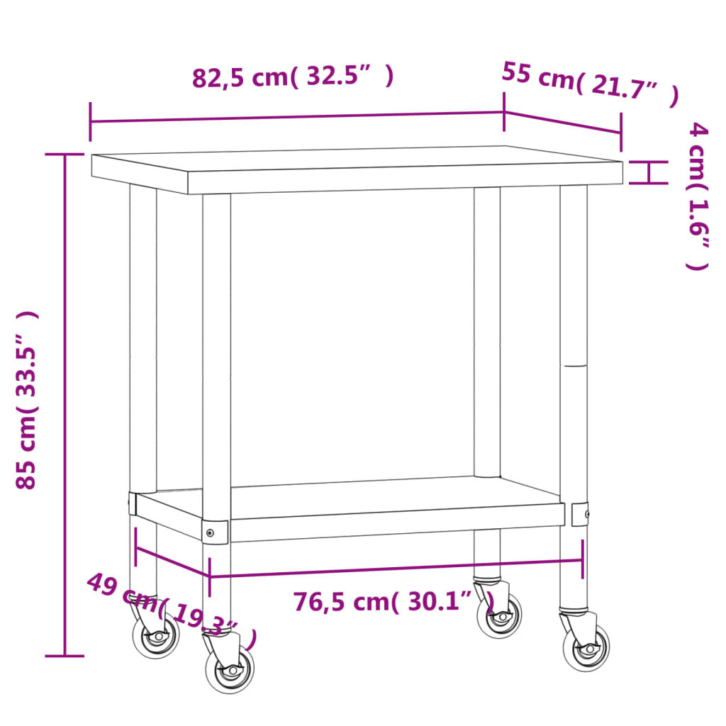 vidaXL Πάγκος Εργασίας Κουζίνας με Ροδάκια 82,5x55x85 εκ. Ανοξ. Ατσάλι