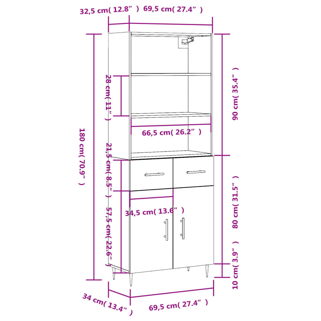 vidaXL Ντουλάπι Γκρι Sonoma 69,5 x 34 x 180 εκ. Επεξεργασμένο Ξύλο