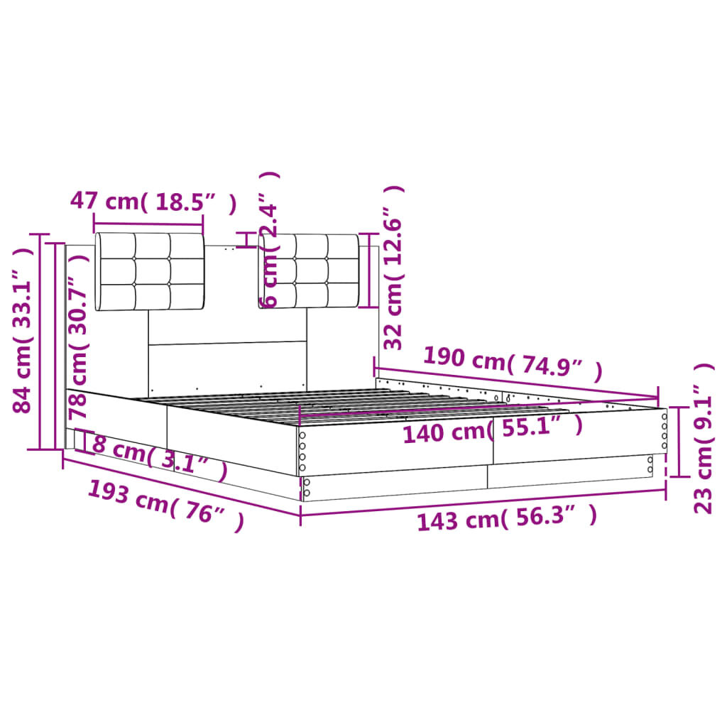 vidaXL Πλαίσιο Κρεβατιού με Κεφαλάρι/LED Sonoma δρυς 140x190 εκ.