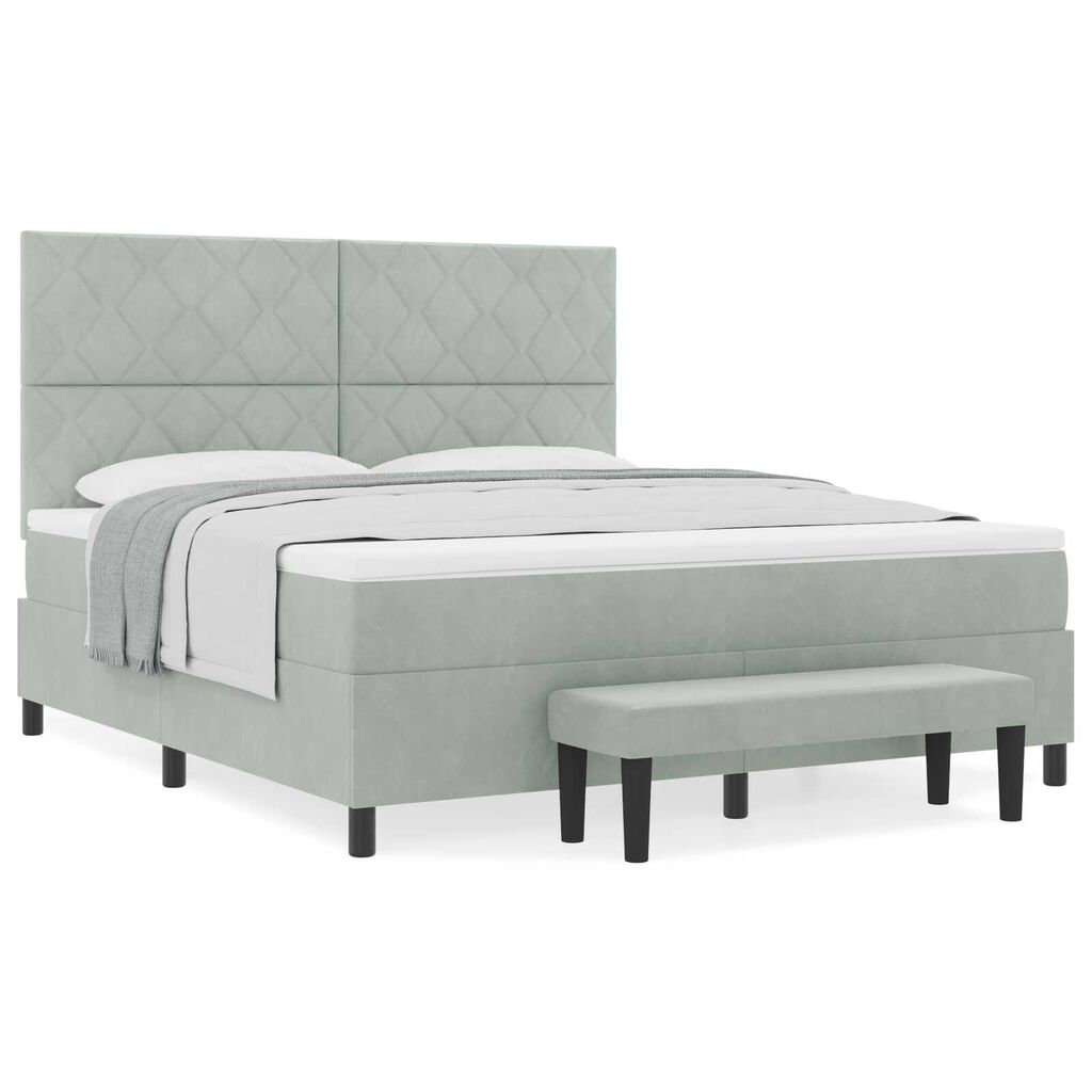 vidaXL Κρεβάτι Box Spring με Στρώμα & Πάγκο Ανοιχτό Γκρι 180x200 εκ. Βελούδινο