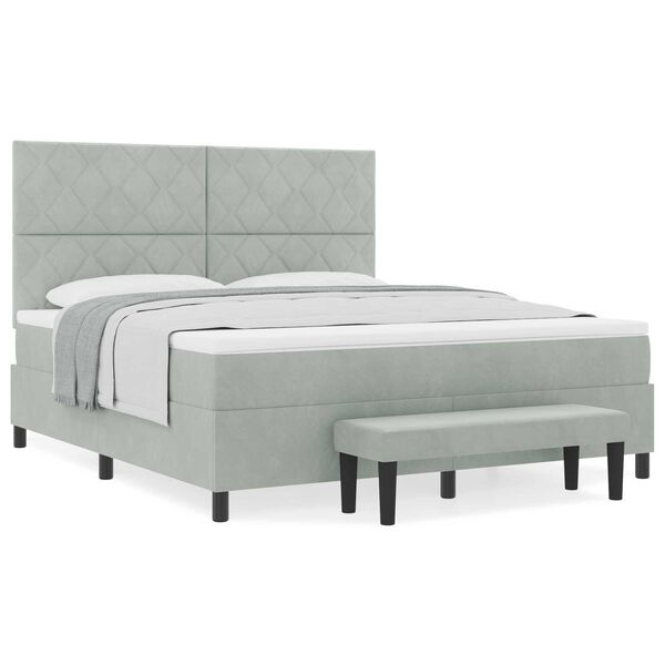 vidaXL Κρεβάτι Box Spring με Στρώμα & Πάγκο Ανοιχτό Γκρι 180x200 εκ. Βελούδινο