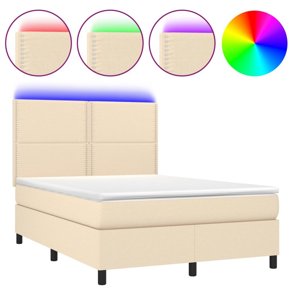 vidaXL Κρεβάτι Boxspring με Στρώμα & LED Κρεμ 140x200 εκ. Υφασμάτινο