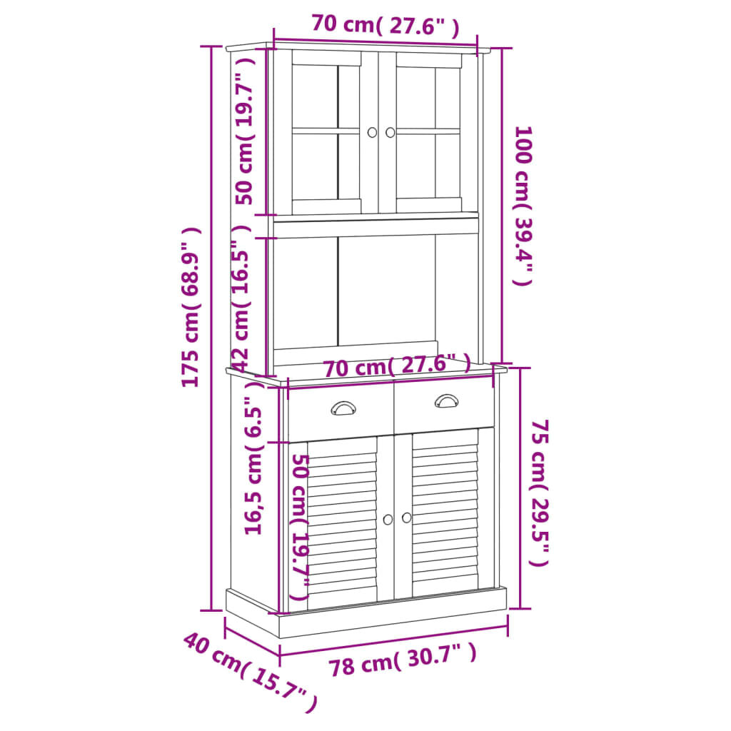 vidaXL Βιτρίνα VIGO 78 x 40 x 175 εκ. από Μασίφ Ξύλο Πεύκου