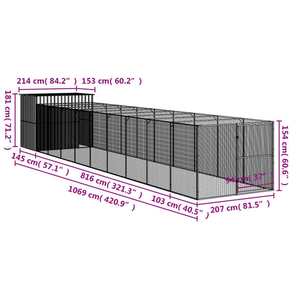 vidaXL Σπιτάκι Σκύλου με Αυλή Ανθρακί 214x1069x181 εκ. Γαλβαν. Χάλυβας
