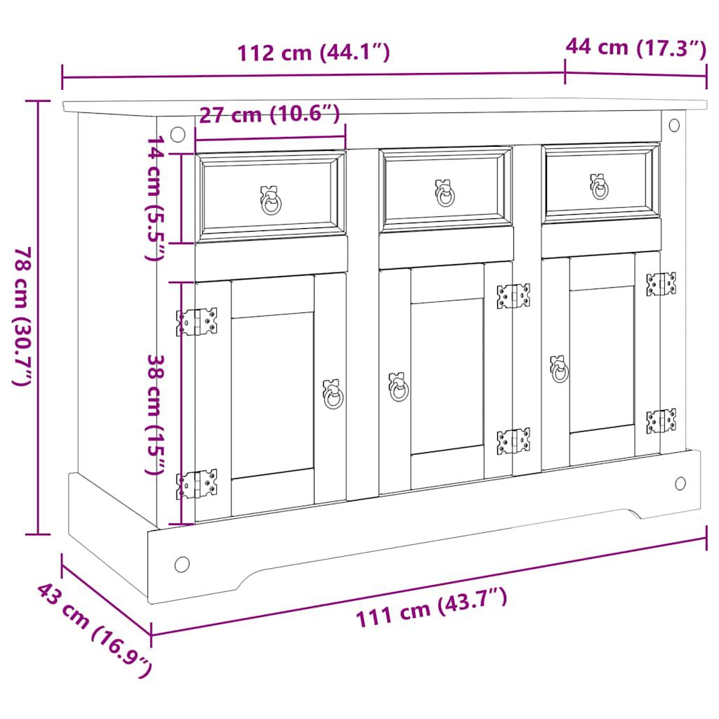 vidaXL Μπουφές Corona Γκρι 112x43x78 εκ. Μασίφ Ξύλο Μεξικάνικου Πεύκου