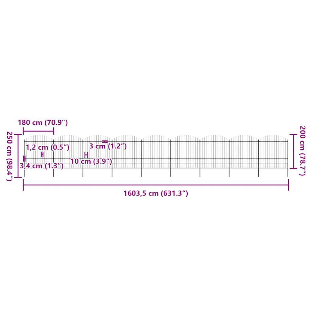 vidaXL Φράχτης Κήπου με Κορυφή Δόρυ από Ατσάλι 1603,5 x 200 εκ. Μαύρος