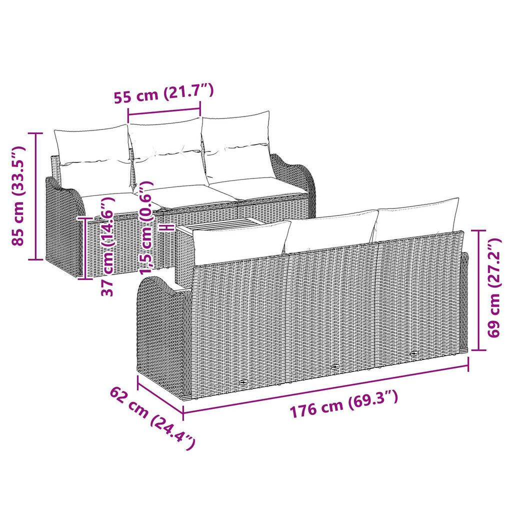 vidaXL Σετ Καναπέ Κήπου 7 pcs Μαύρος, λευκός Μεγάλο Ρατάν, Πολυεστέρας