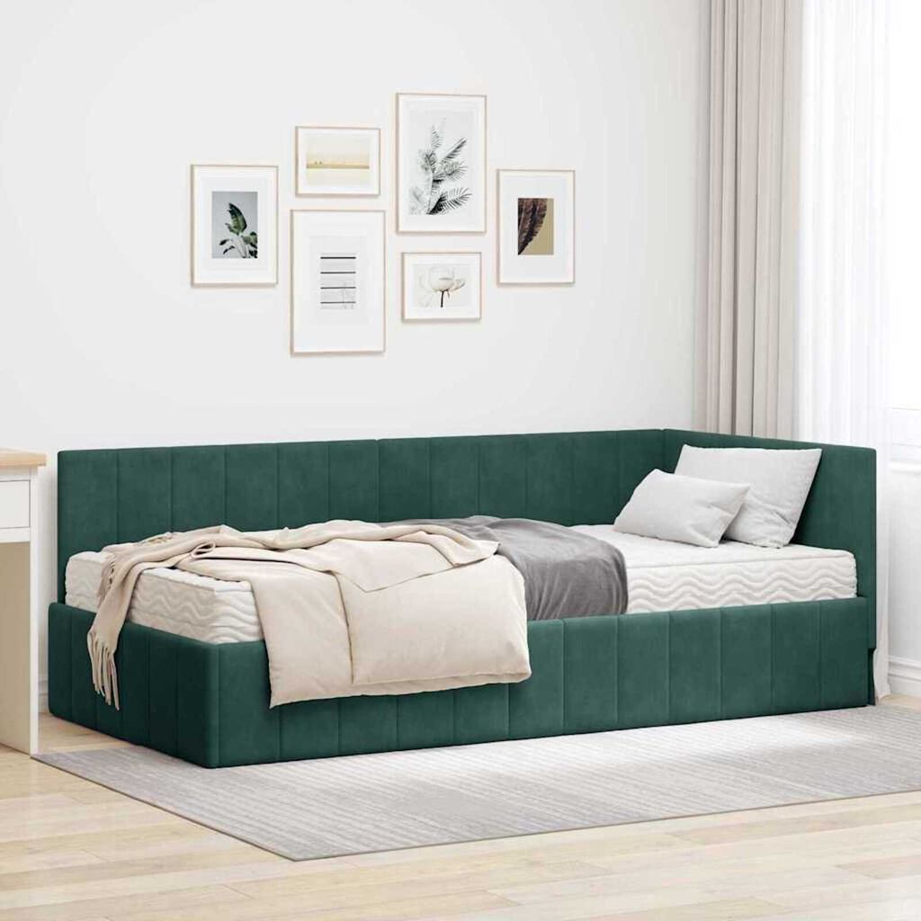 vidaXL Κρεβάτι Γωνίας με στρώμα Σκούρο πράσινο 90 x 190 cm Βελούδο
