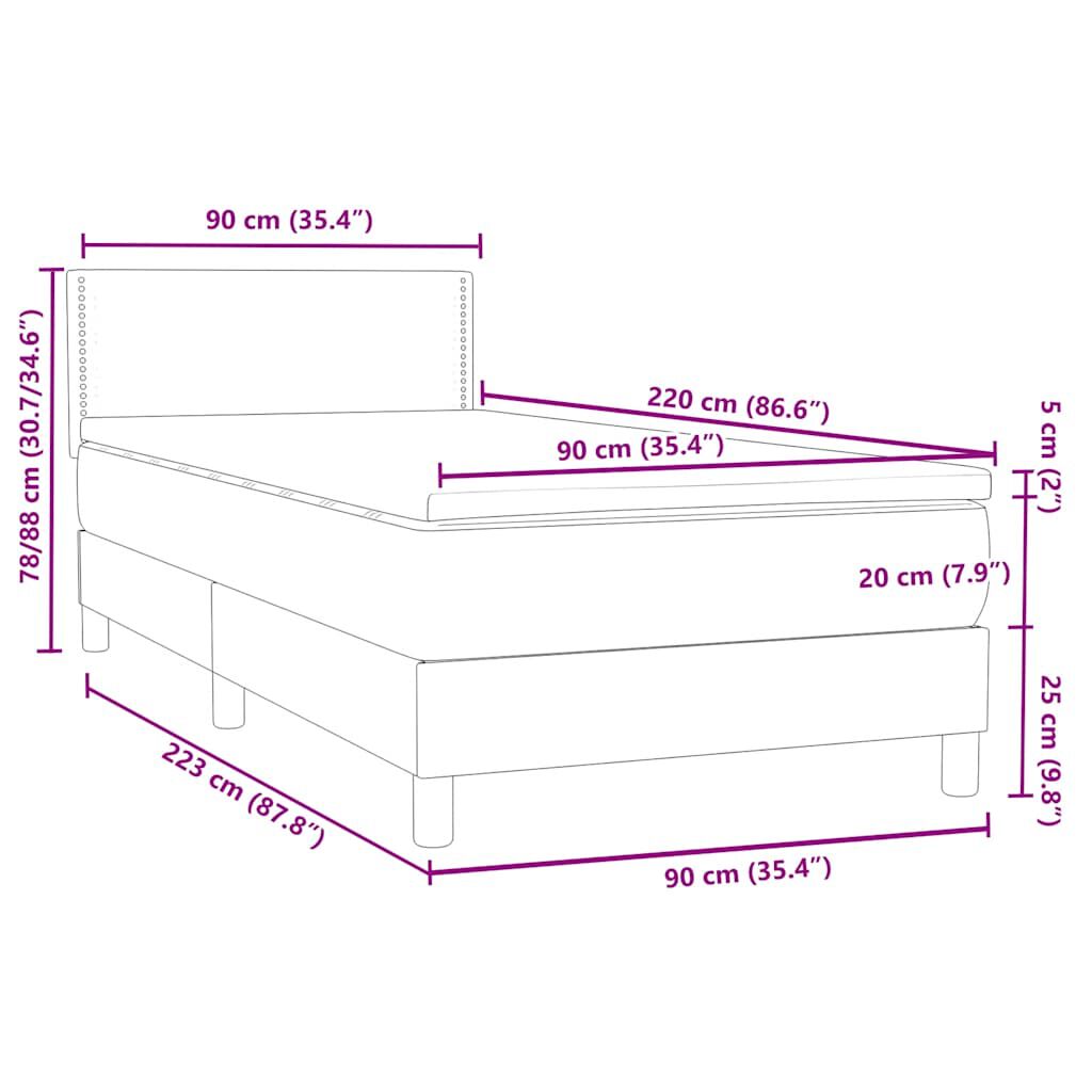 vidaXL Κρεβάτι Boxspring με Στρώμα Σκούρο Γκρι 90x220 εκ. Βελούδινο