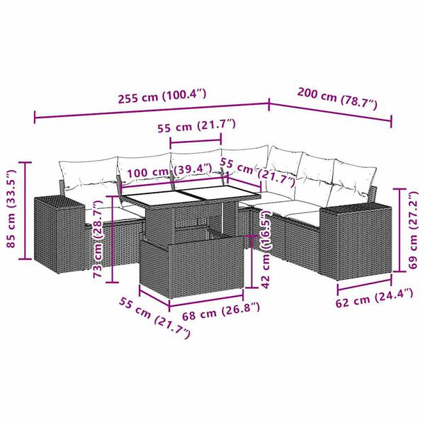 vidaXL Καναπές Σετ 7 Τεμαχίων Μαύρο Συνθετικό Ρατάν με Μαξιλάρια