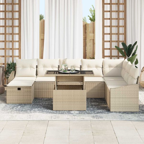 vidaXL Σετ Καναπέ Κήπου με μαξιλάρι 9 pcs Μπεζ Πολυ ράταν