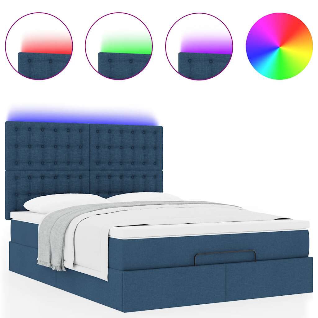 vidaXL Οθωμανικό κρεβάτι με στρώμα & LEDs Μπλε 140x190cm Ύφασμα