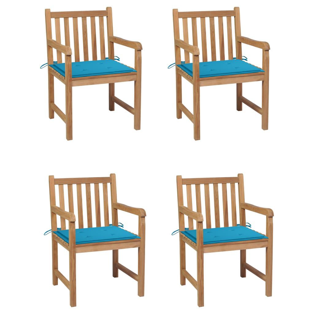 vidaXL Καρέκλες Κήπου 4 Τεμαχίων από Μασίφ Ξύλο Teak με Μπλε Μαξιλάρια