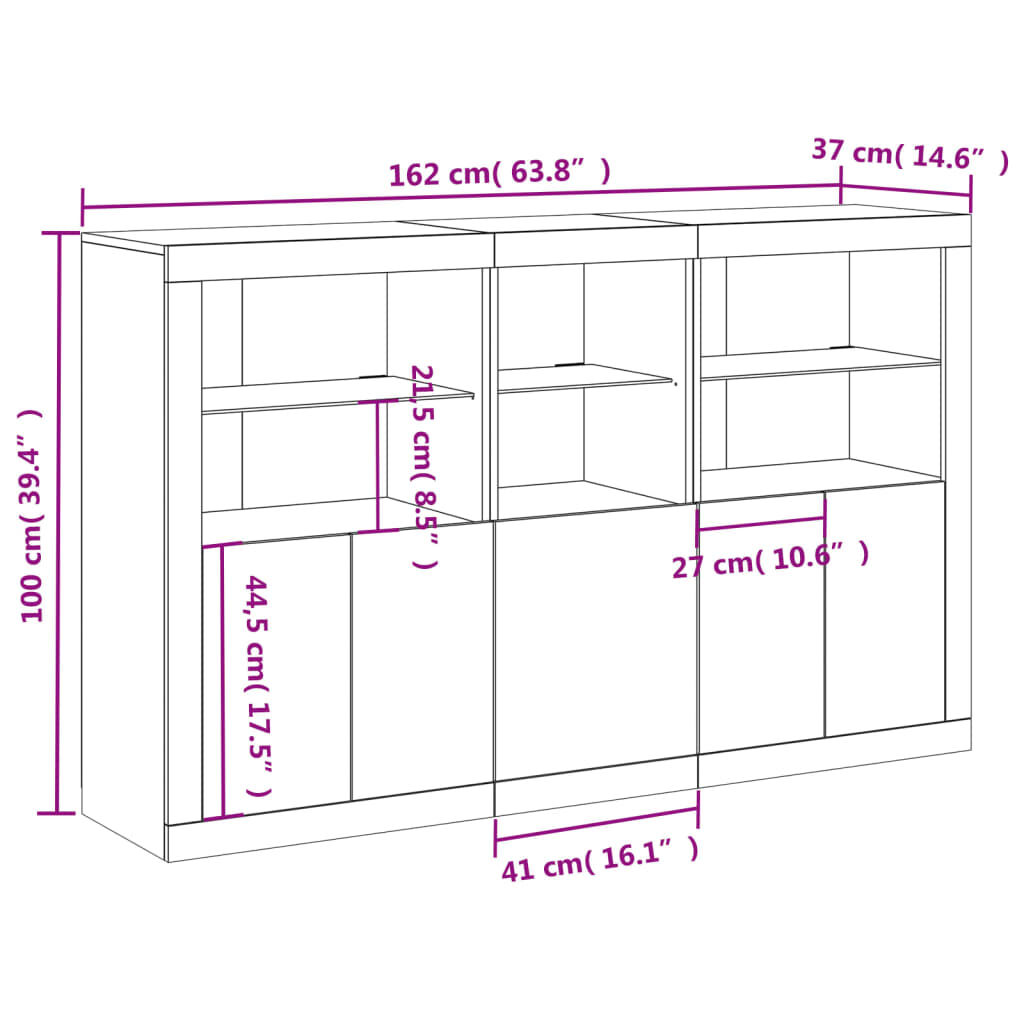 vidaXL Μπουφές με Φώτα LED Γκρι Σκυροδέματος 162 x 37 x 100 εκ.
