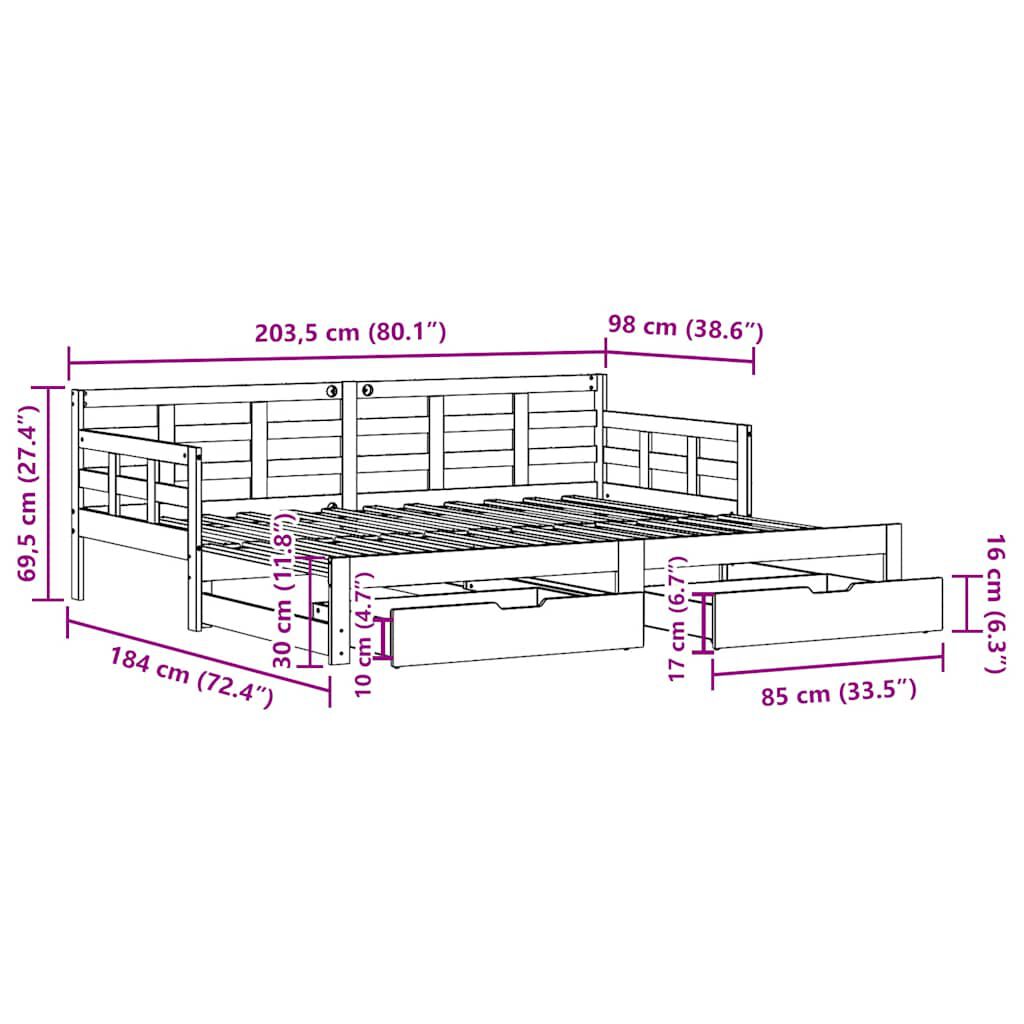 vidaXL Καναπές Κρεβάτι Συρόμενος Χωρίς Στρώμα 90x200 εκ. & Συρτάρια