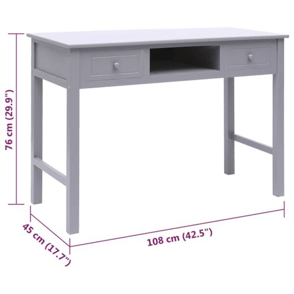 vidaXL Γραφείο Γκρι 108 x 45 x 76 εκ. από Μασίφ Ξύλο Παυλώνιας
