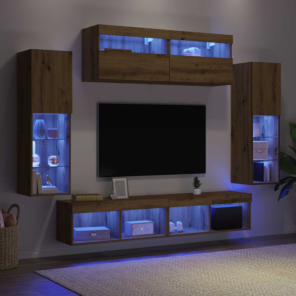 vidaXL Ντουλάπες Τοίχου Τηλεόρασης με LED Φώτα 2 τεμάχια Ξύλο Καλλιτέχνη 80x30x30 εκ