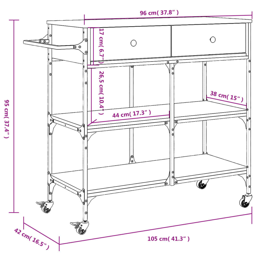 vidaXL Τρόλεϊ Κουζίνας Καπνιστή Δρυς 105x42x95 εκ. Επεξεργασμένο Ξύλο