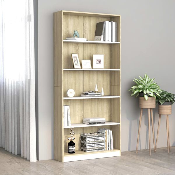 vidaXL Βιβλιοθήκη με 5 Ράφια Λευκό/Sonoma 80x24x175 εκ. Επεξ. Ξύλο