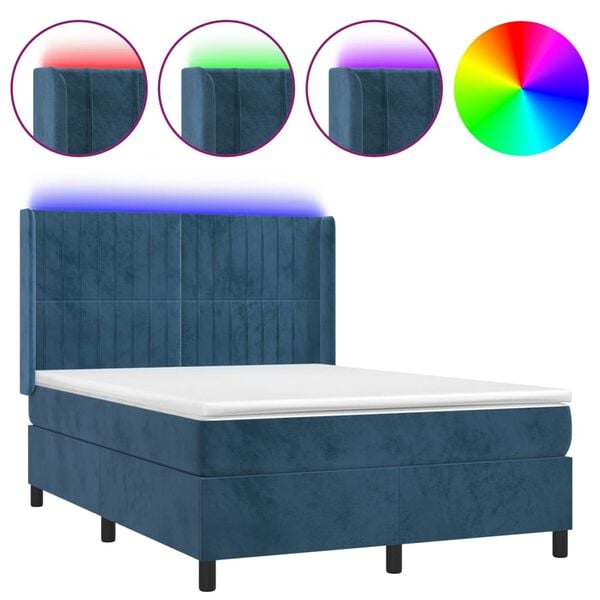 vidaXL Κρεβάτι Boxspring με Στρώμα & LED Σκ. Μπλε 140x200εκ. Βελούδινο