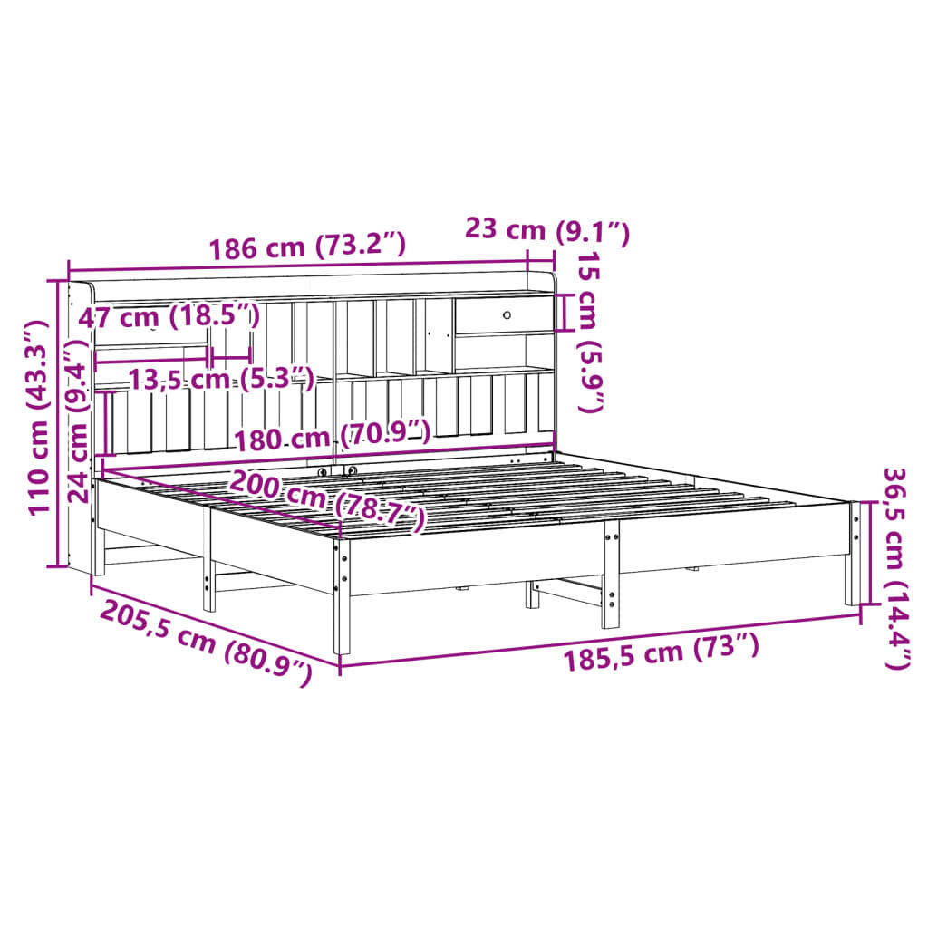 vidaXL Κρεβάτι Βιβλιοθήκη Χωρίς Στρώμα 180x200 εκ Μασίφ Ξύλο Πεύκου