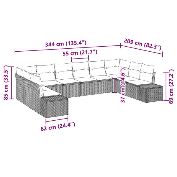 vidaXL Σετ Καναπέ Κήπου με μαξιλάρι 10 pcs Ανοιχτό γκρι Πολυ ράταν