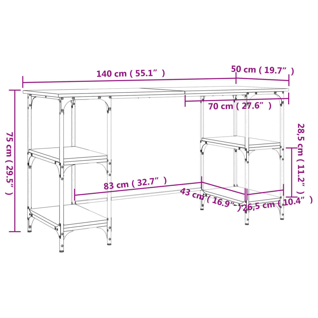 vidaXL Γραφείο Καφέ Δρυς 140x50x75 εκ. Μέταλλο & Επεξεργασμένο Ξύλο