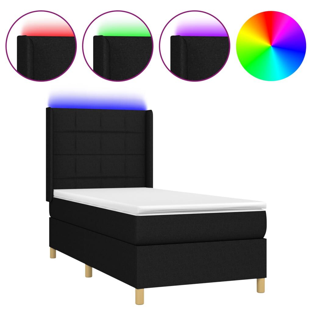 vidaXL Κρεβάτι Boxspring με Στρώμα & LED Μαύρο 100x200 εκ. Υφασμάτινο