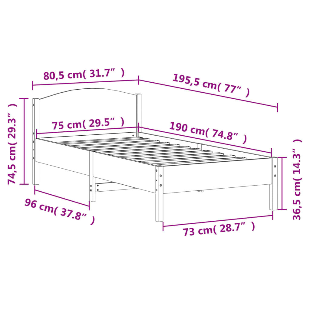 vidaXL Σκελετός Κρεβατιού Χωρίς Στρώμα 75x190 εκ Μασίφ Ξύλο Πεύκου