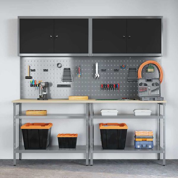 vidaXL Σετ πάγκου εργασίας με ράφι με αποθήκευση 8 pcs Γκρι Ατσάλι