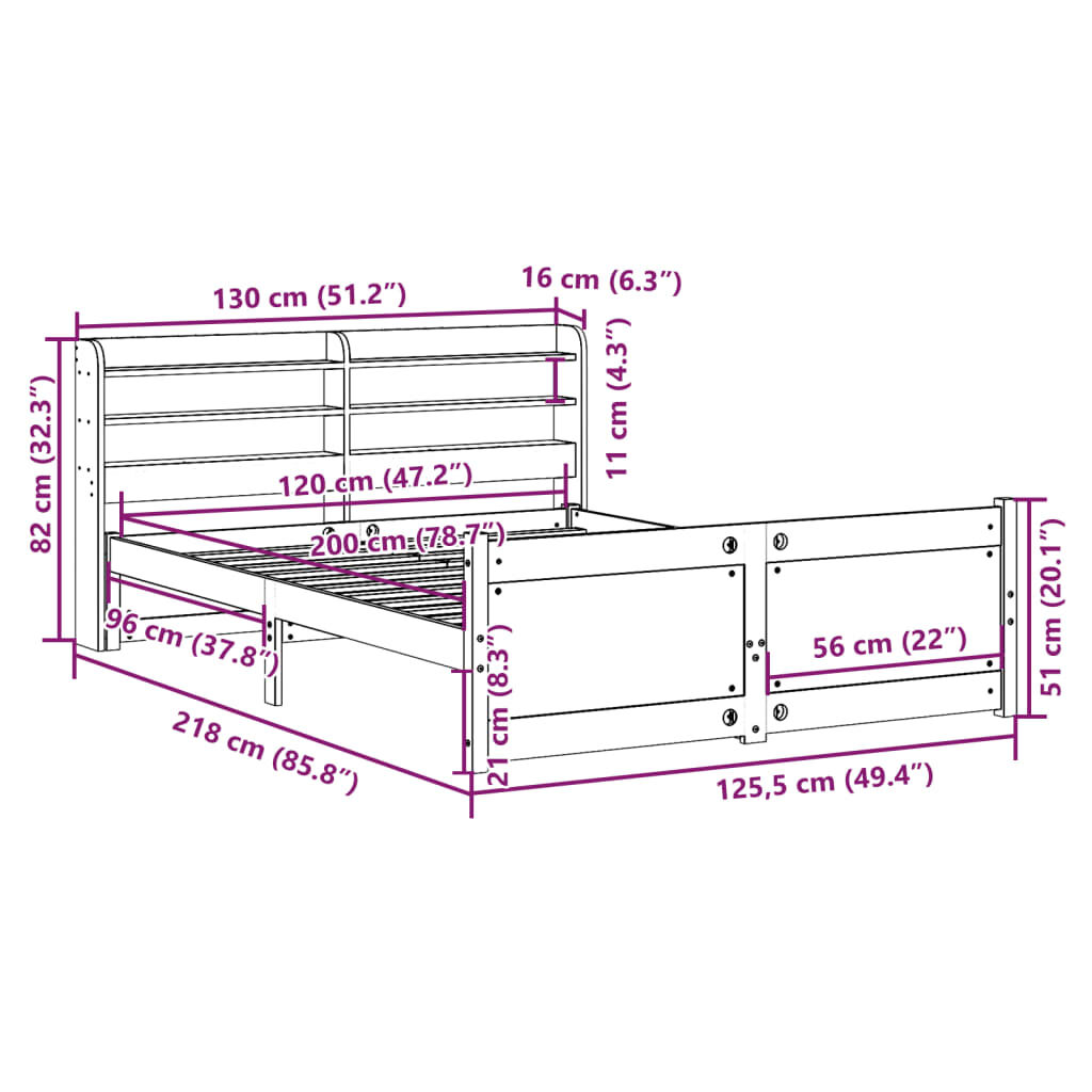 vidaXL Πλαίσιο Κρεβατιού με Κεφαλάρι 120x200 εκ. από Μασίφ Ξύλο Πεύκου