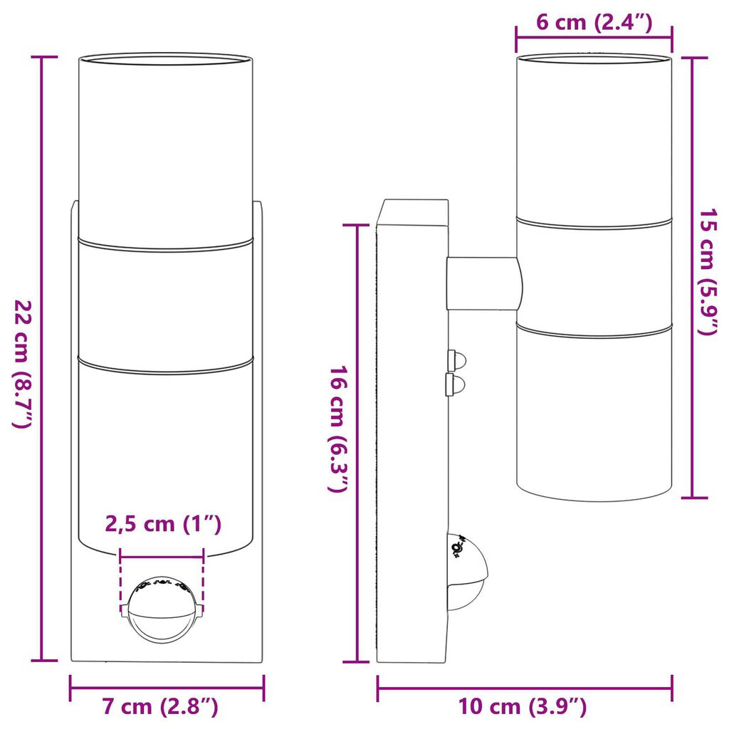 vidaXL Εξωτερικά Φωτιστικά Τοίχου 2 pcs Μαύρο 7 x 10 x 22 εκ