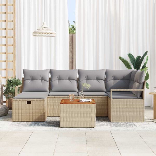 vidaXL Σετ Καναπέ Κήπου με μαξιλάρι 7 pcs Μπεζ Πολυ ράταν