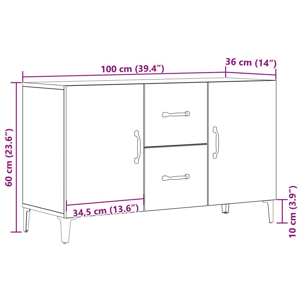 vidaXL Μαύρος Δρύινος Μπουφές - 100 x 36 x 60 εκ - Κατασκευασμένος από Μηχανικά Ξύλα